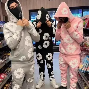 3D Puff Print Quick-Dry High Waist Shorts & Flower Hoodie with Wide Leg Joggers Set, Unisex Sports Tracksuit,Y2K Youth Hip Hop Hoodie, Trendy Streetwear with Wreath Print