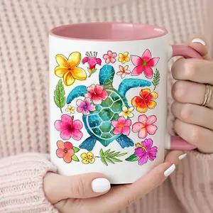 Floral Sea Turtle Summer Mug, Boho Nautical Beach Gift Cup
