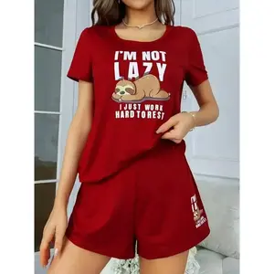 Women's Cute Sloth & Slogan Print Pajama Set, Short Sleeve Round Neck Top & Shorts, Comfortable Relaxed Fit