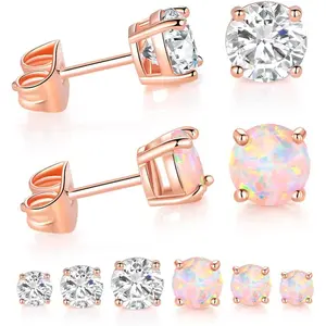 Women's Nickel-Free Hypoallergenic Earrings Set - 6 Pairs Rose Gold Plated Brass Base, Multi-Size Cubic Zirconia & Opal Small Studs (3mm/4mm/5mm)