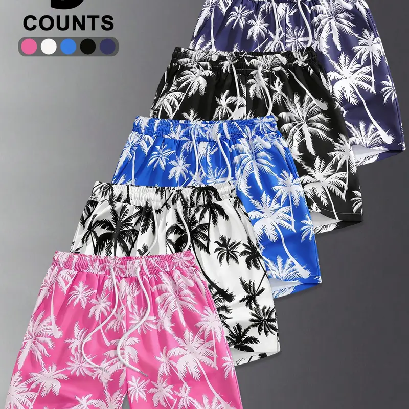 Men's Random Palm Tree Print Boxer Brief Swim Shorts, Regular Fit Casual Comfy Breathable Swim Shorts for Summer, Men's Swimwear for Beach Vacation