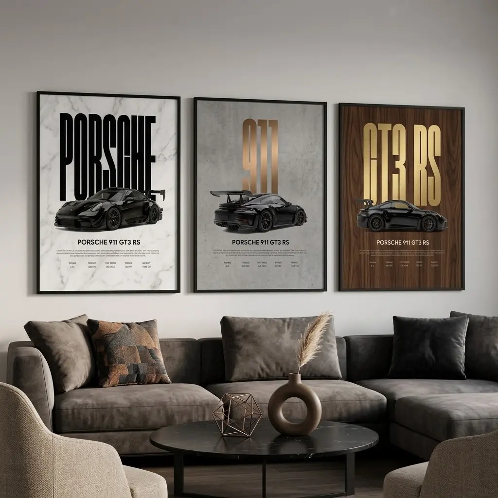 Set of 3 Porsche 911 GT3 RS Posters, Man Cave Poster