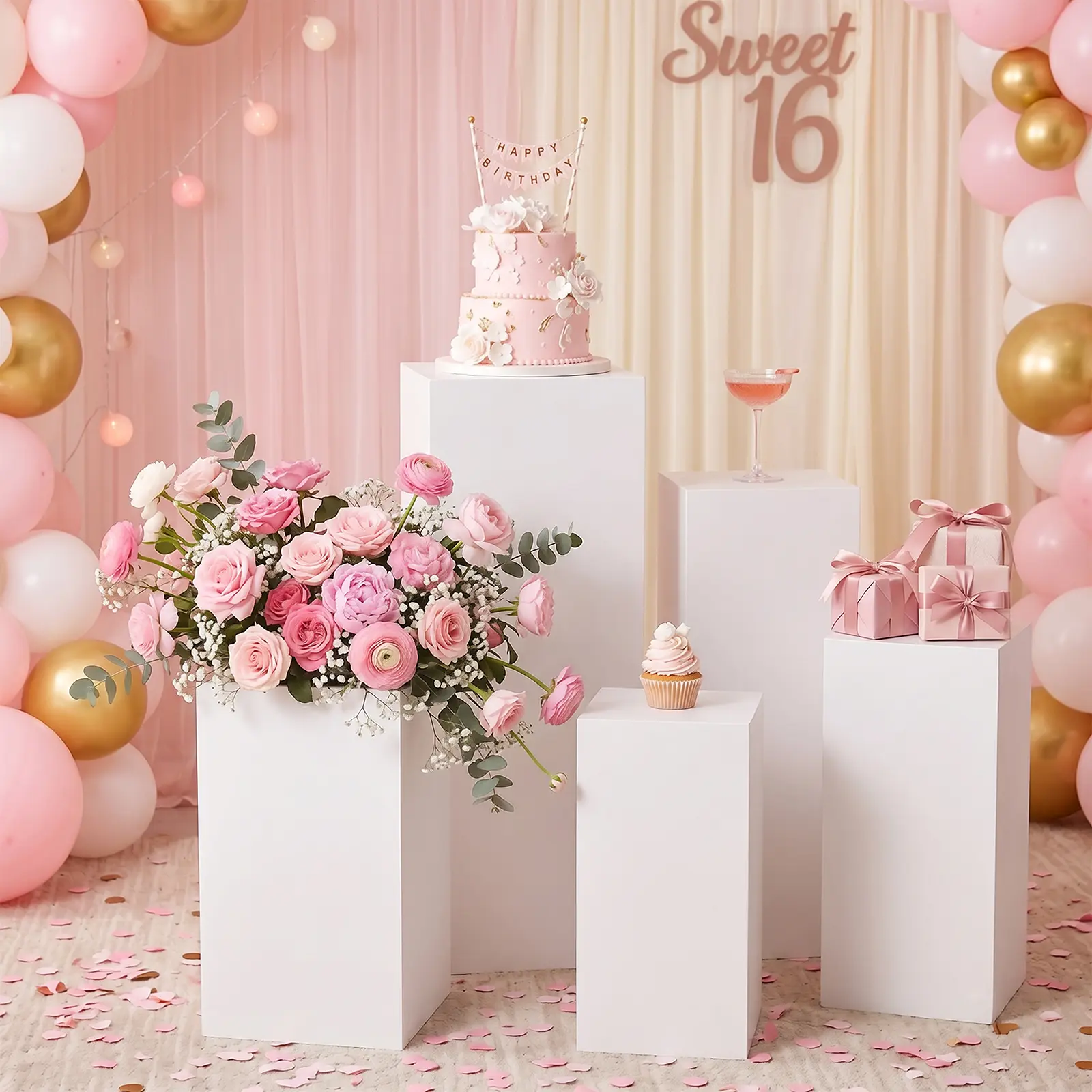 5 pack white iron pedestal display stands freestanding modern square metal riser high temperature coated rust resistant heavy load multi size display base for retail event jewelry dessert handicraft display