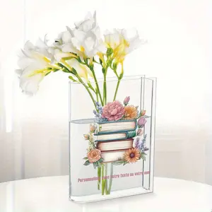 Blooming Day Customizable Acrylic Book Vase - Dual Book-Shaped Floral Arranger with French Text Engraving, No Electricity Home Decor Gift for Book Lovers, Classic Library-Inspired Decor, Book Lover Gifts, Decorative Centerpiece, Vintage Library Aesthe