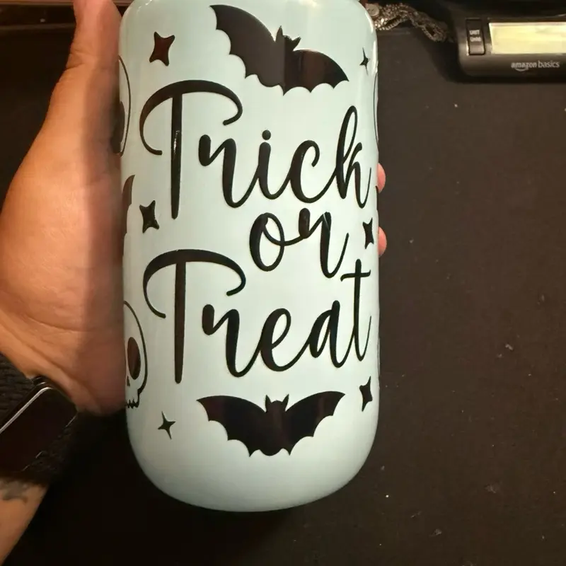 16oz Blue Halloween Trick or Treat Glass Cup with Free Gift Featuring Bat and Skull Design