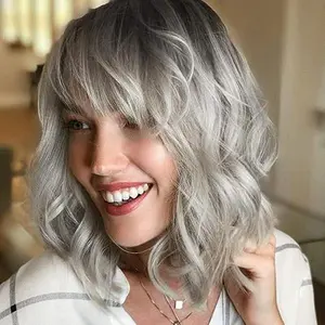 Wavy Silver Bob Wig With Air Bangs Natural Curly Silver Short Bob Wigs Women's Shoulder Length Wigs Synthetic Cosplay for Girl Colorful Wigs