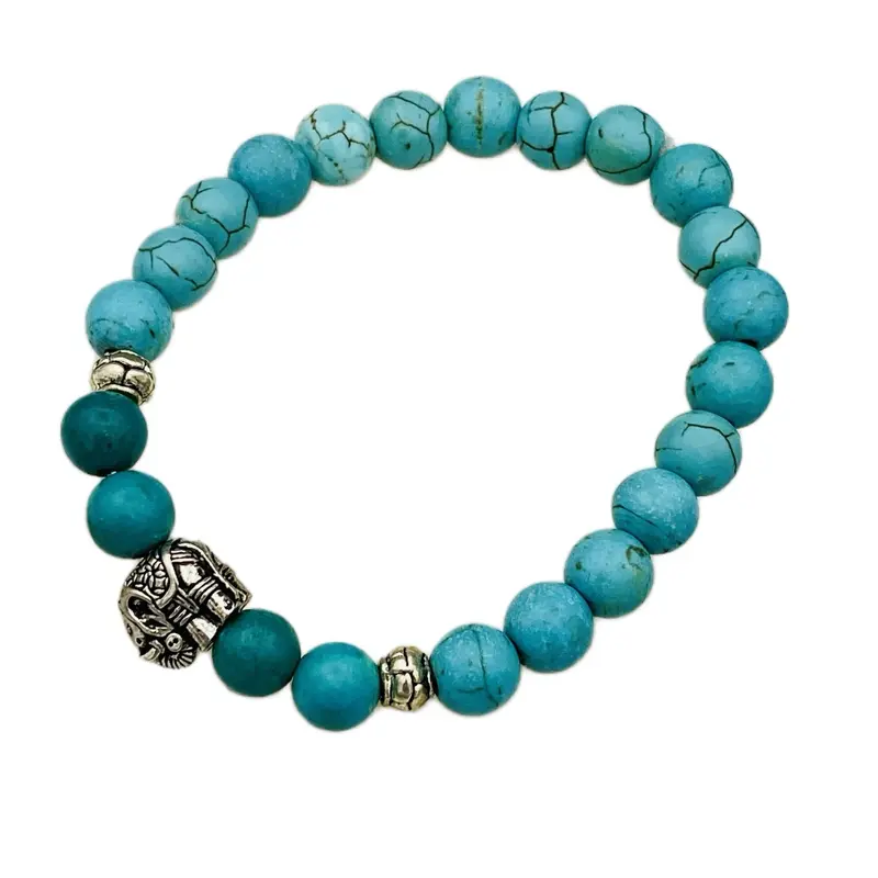 Handmade Turquoise Beaded Bracelet with Silver Elephant Charm - Genuine Beads for Calm Energy & Stretch Design for Comfortable Wear