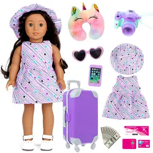 11 pcs American 18 Inch Doll Accessories Suitcase Travel Luggage Play Set for 18 Inch Doll Travel Carrier, Sunglasses Camera  Phone Pad Travel Pillow Passport Tickets Cashes(No Doll) Multifunction