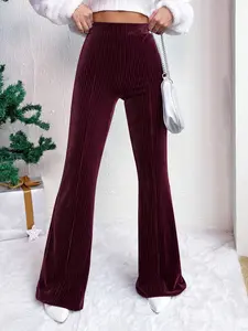 A pair of high-waisted, solid-colored corduroy flared pants for women, which are slimming, casual and versatile, Casual Streetwear Trousers, Casual Bottoms