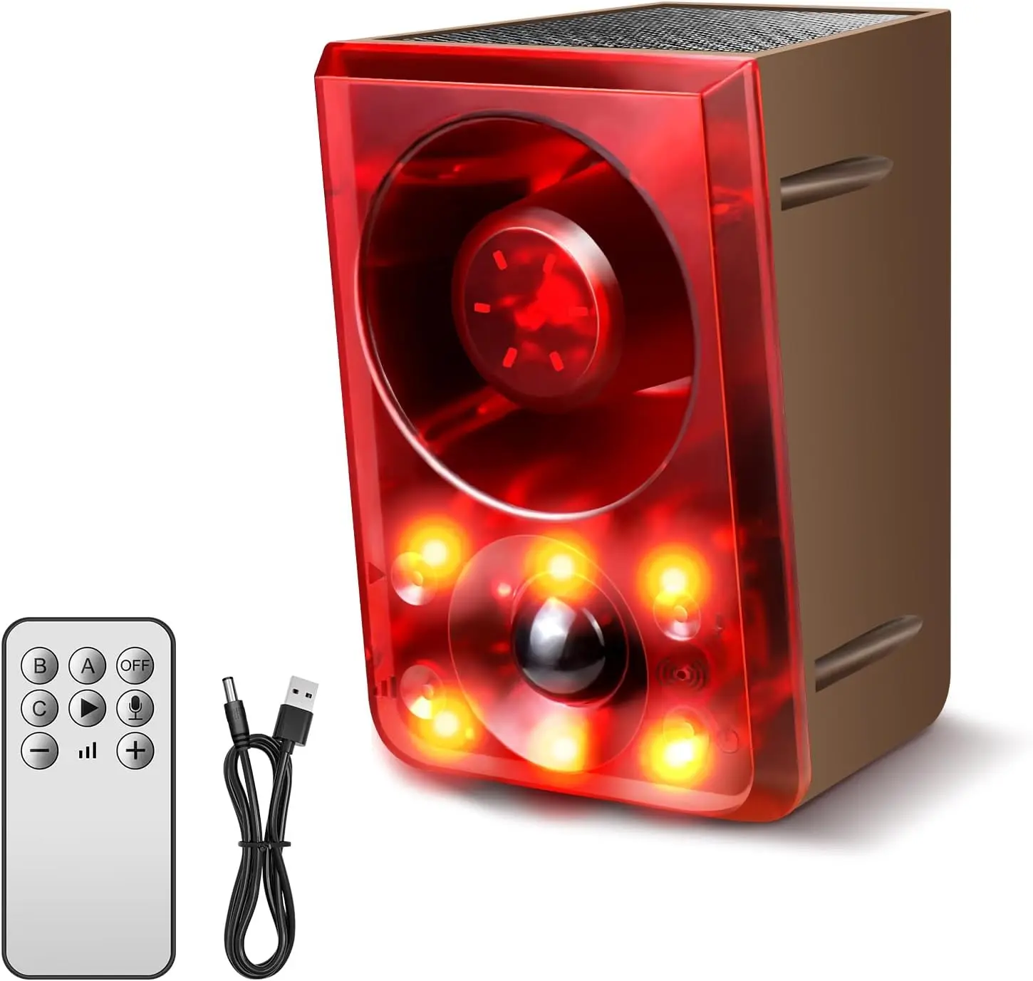 Solar Outdoor Motion Sensor Security Alarm - 130dB Loud, 13 Sound Options (Dog Barking, Gunshot), Recording Support, Strobe Light for Deterring Raccoons, Deer, Coyotes