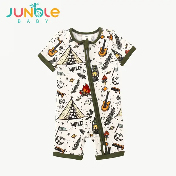 Junble Baby Double Zipper Bamboo Romper Short Sleeve Onesie Soft Breathable Jumpsuit Camping Wild Print for Boys Girls 3-24 Months Baby Clothing