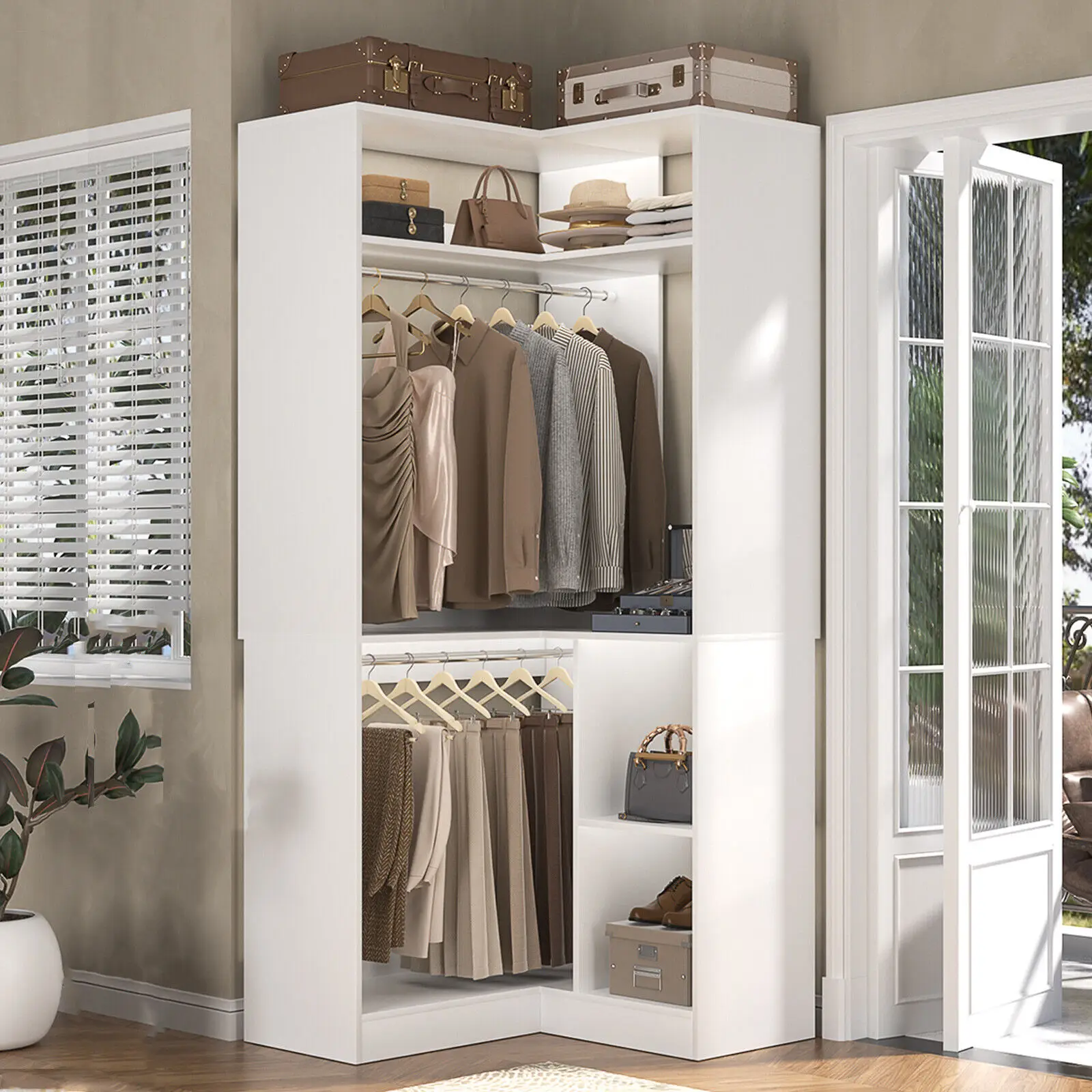 Upgrated Corner Closet System with Shelves, 34’’ Walk-in Closet Organizer System with 2 Hanging Rods, Freestanding Corner Tower, L Shaped Garment Rack
