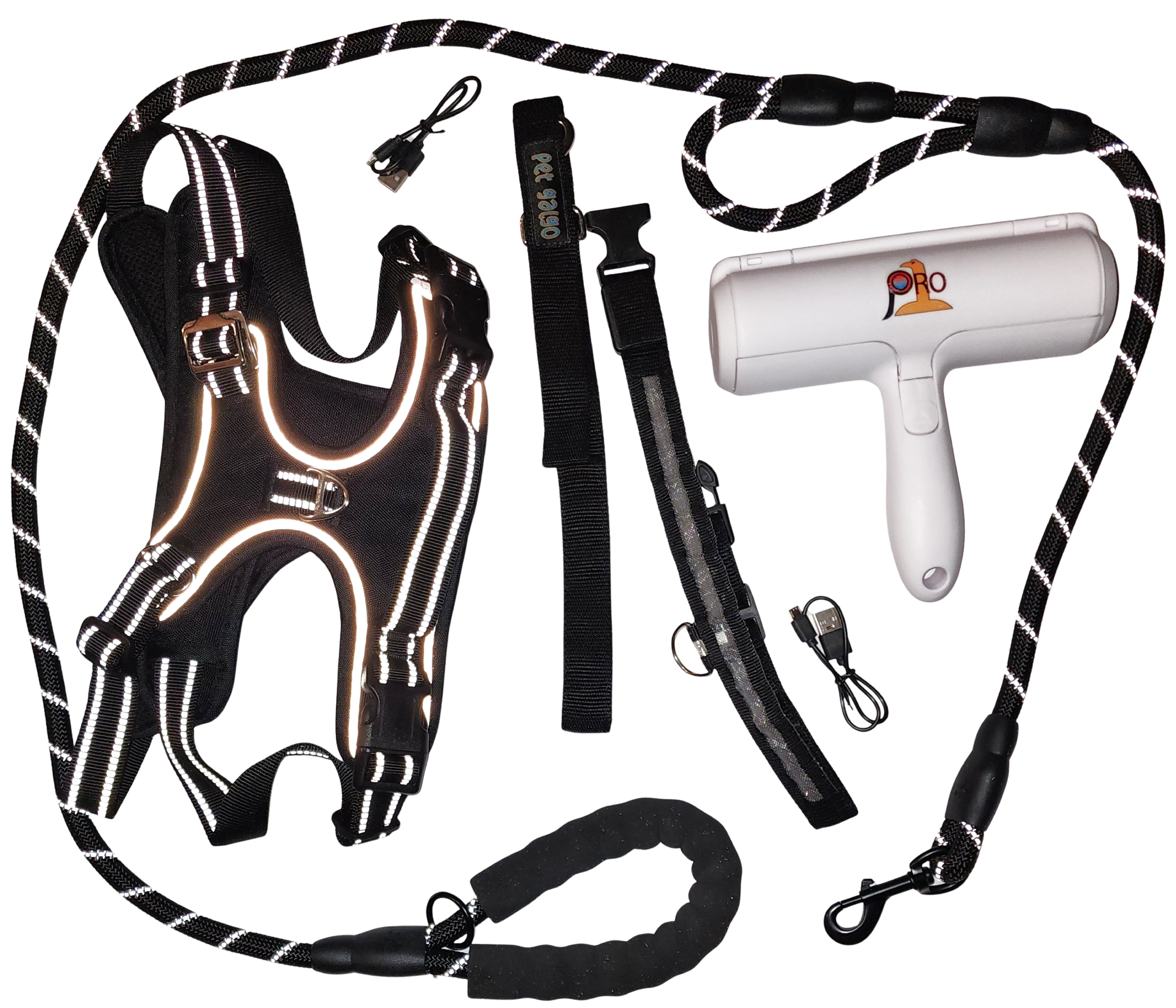 PetSafe 5-in-1 Dog Harness Combo Set - Light-Up Collar, Leash & Pet Hair Remover - Size XLarge - LED Waterproof & No-Tangle