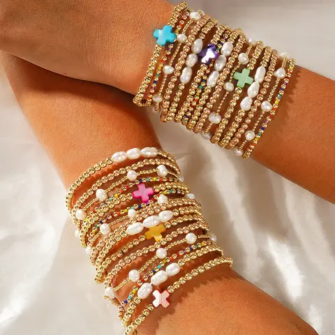 Shinus Women's Boho Brass 7-Inch Gold-Plated Pearl Beaded Cross Bracelet Stack Set - Stretch-Fit Ease Jewelry, Adjustable Ankle Bracelet, Religious Friendship Gift for Women