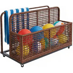 43" Rolling PE Rattan Pool Float Storage Bin on Wheels – Outdoor Wicker Organizer with Compartment & Basket for Towels, Toys and Patio Accessories