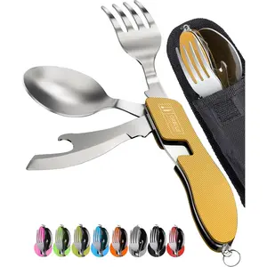 AGS Orblue 4-in-1 Camping Eating Utensils, 2-Pack - Portable Spoon, Fork, Knife & Bottle Opener Combo Set - Stainless Steel Flatware with Detachable Fork - Travel, Backpacking Cutlery Multitool, Yellow