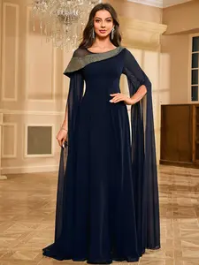 Elegant Sequined Chiffon Evening Dress, Round Neck Cape Sleeve Gown, Sophisticated Party Wear, Women's Formal Dresses