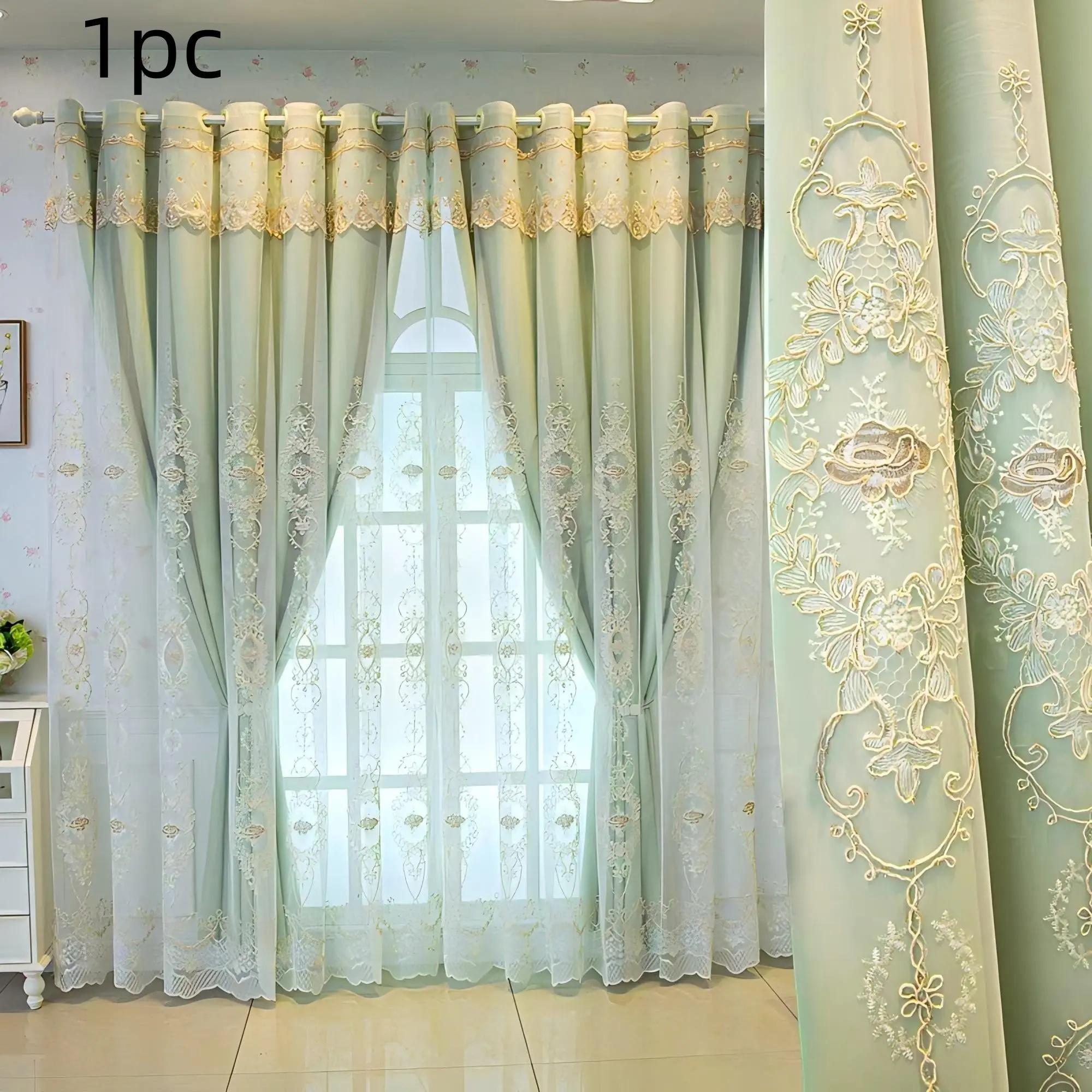 1pc Forest Inspired Double Layer Privacy Grommet Embroidered Curtains 100% Blackout with 3D Floral Embroidery Sheer, All-in-One Design for Cozy Bedroom, Reading Nook & Yoga Space