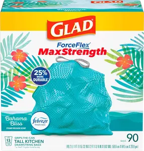 Glad ForceFlex MaxStrength Tall Kitchen Drawstring Trash Bags, 13 Gallon, Bahama Bliss, Teal, 90 Ct