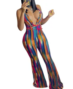 Lady Luxe Fashions Women's Bell Bottom Sleeveless Body Suit with Decorative Tie String in Vibrant Rainbow Print
