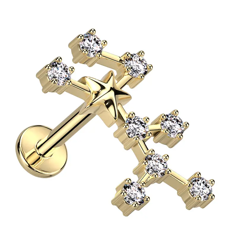 Gold PVD Virgo Constellation Clear CZ Stainless Steel Internally Threaded Labret