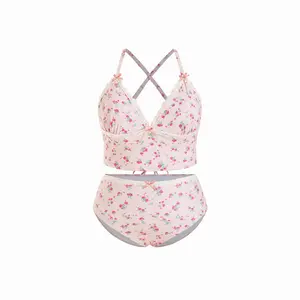 Cider Sweet Floral Lace Trim V-neck Bowknot Cheeky Bikini Set Curve & Plus