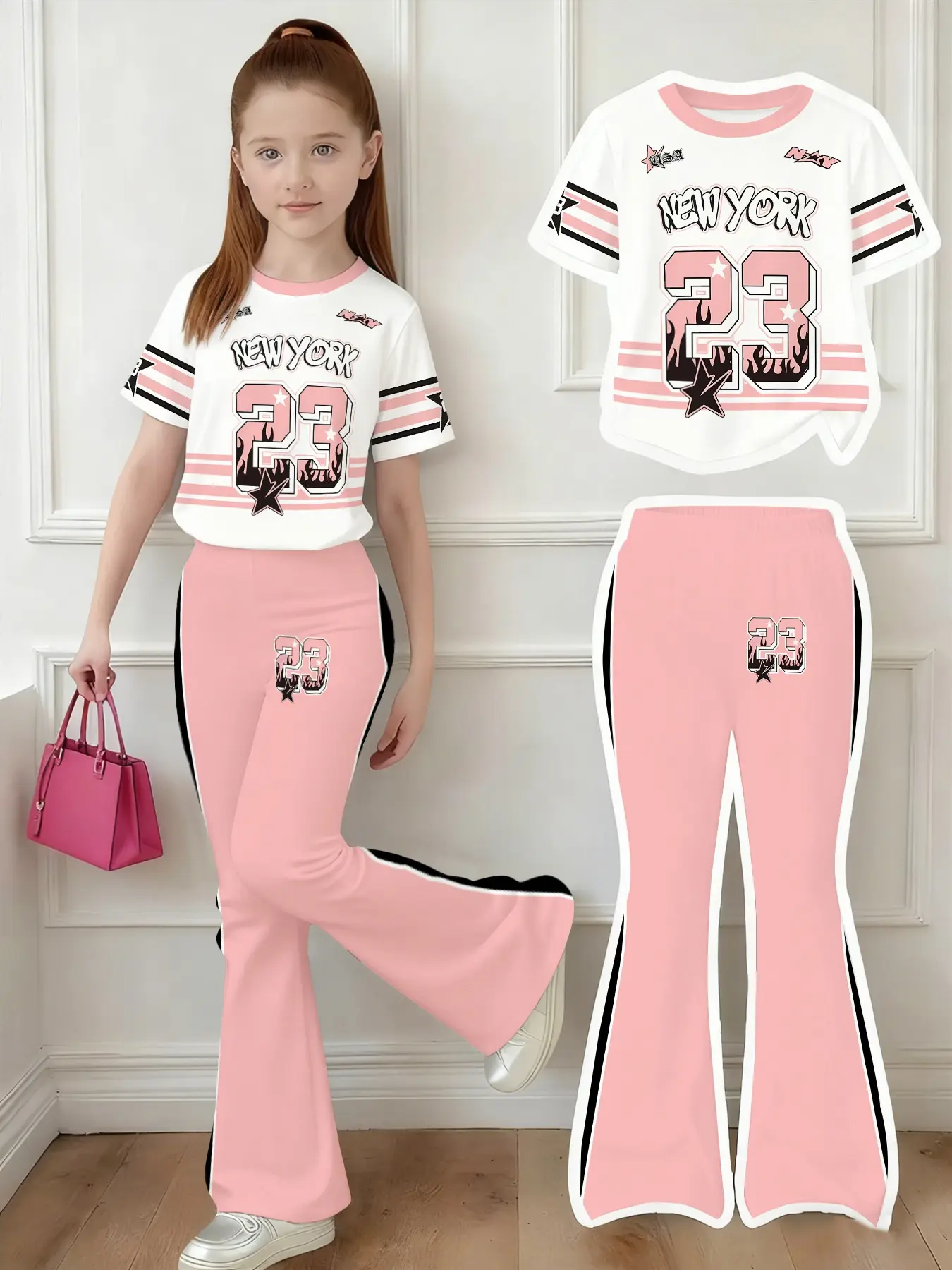 Two-Piece Girls' Casual Set, Short Sleeve Printed T-Shirt and Bell Bottom Shorts, Comfortable Daily Wear, New York Series, Striped Pattern
