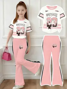 Girls' Casual Two-Piece Set, Short Sleeve Printed T-Shirt & Bell Shorts, Comfortable Daily Wear, Summer Spring Fall, New York Series