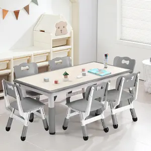 Kids Table and Chairs, Height Adjustable Toddler Table and 6 Chair, Multi-Activity Table with Graffiti Desktop Non-Slip Legs for Ages 2-10, Children Activity Table for Daycare, Classroom, Home,Grey