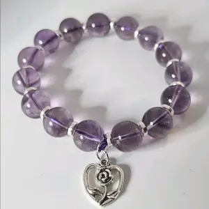 Natural Amethyst Crystal Bead Bracelet 12mm 8" Heart rose charm