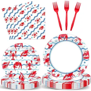 96Pcs Crawfish Boil Party Supplies Lobster Waves Pattern Paper Plates and Napkins Summer Beach Seafood Shrimp Theme Disposable Tableware Set for Dinner Birthday Coastal Nautical Party Decor Serves 24