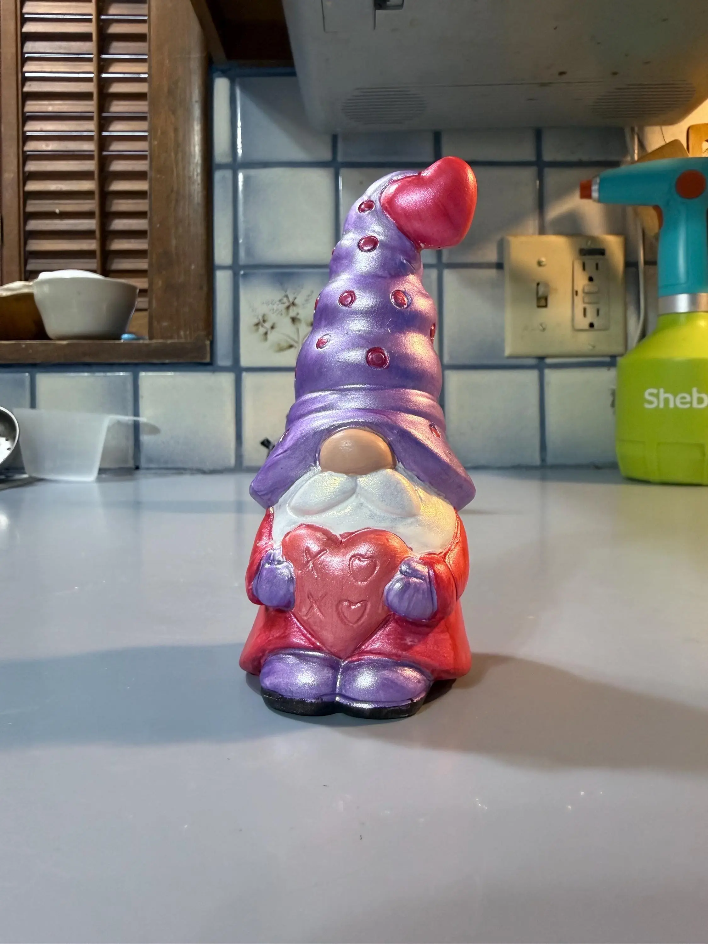 Hand Painted Ceramic Valentine Gnome, Purple Heart Hat, One of a Kind Gnome Figurine, Shimmery Boho Decor Gift