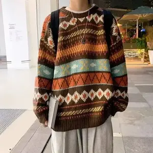 Japanese Vintage Sweater Men's Trendy Ethnic Striped Loose-Fit Knitted Top Casual Crew Neck Idle Style Couple Model Sweater