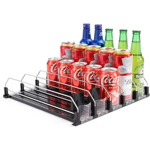 Drink Dispenser for Refrigerator, Self-Pushing Soda Can Organizer, 5 Rows Assembled, Automatic Spring Loaded Can Dispenser Holds 25 Cans, Black