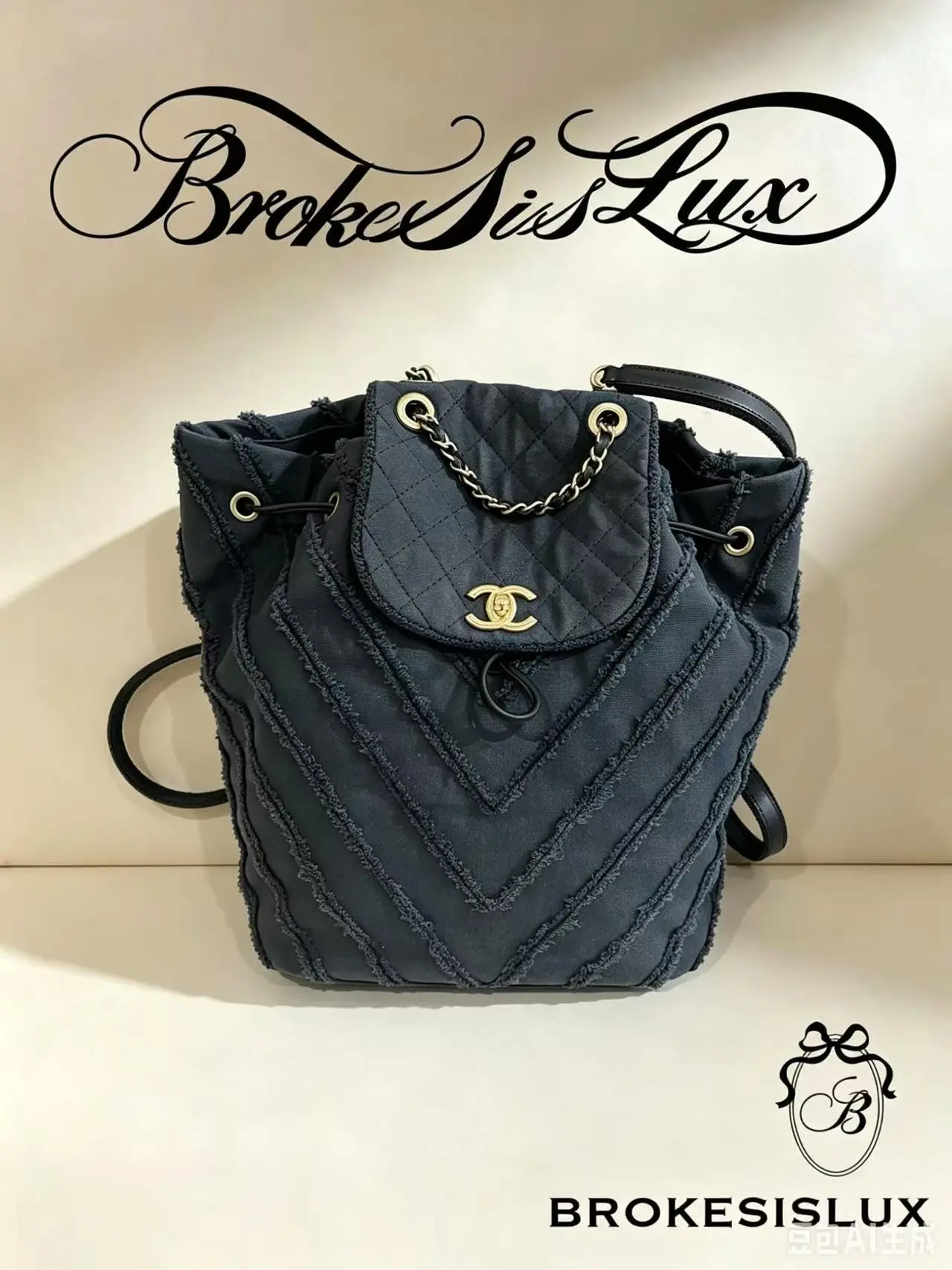 Pre-owned CHANEL Black Fringe Chevron Canvas Drawstring Backpack | Gold CC Logo, Casual Daily Backpack