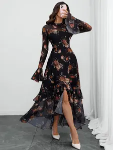 Women's Elegant Gothic Vintage Mesh Patchwork Slit Floral Print Long Sleeve Fitted Chic Dress, Stylish Retro Fashion, Perfect for Special Occasions