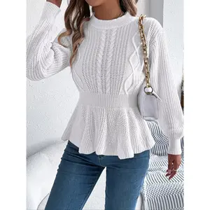 Women's Plain Ruffle Trim Mock Neck Sweater, Elegant Fashion Casual Long Sleeve Jumper for Daily Outdoor Wear, Women Knitwear for Fall & Winter