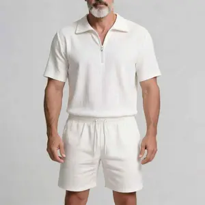 Comfortable Mens Quarter Zip Textured Knit Polo Top and Elastic Waist Shorts Set Soft Stretchy 2 Piece Loungewear for Home Wear Casual Outings and Golf