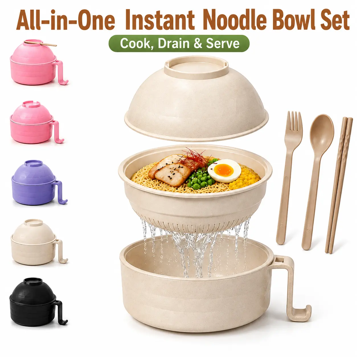 MIUVA Wheat Fiber Instant Noodle Bowl  Multifunctional Microwave Ramen Bowl Set with Drain Basket Lid Chopsticks Spoon Fork Large Capacity Noodle Soup Bowl for Dorm Office Home tableware pack valentine