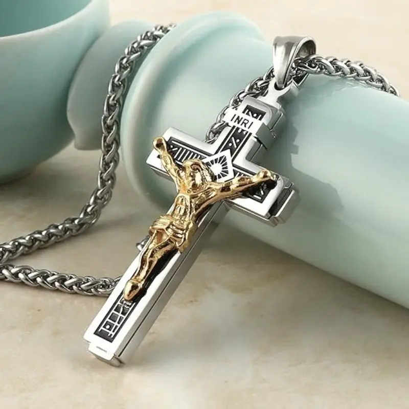 Polished 2-Tone Crucifix Necklace, Stainless Steel Catholic Faith Pendant for Men & Women with an Adjustable 24-Inch Chain, Cross Chain Design, Faith Necklace, Spiritual Jewelry, Silver Cross Necklaces