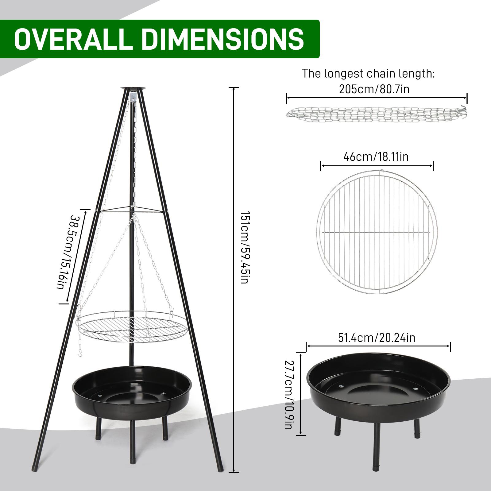 Campfire Tripod Grill, Adjustable Height BBQ Grill Grate with Fire Bowl for Outdoor Camping BBQ, Black