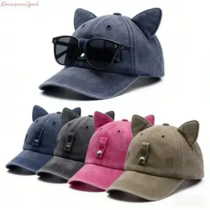 Unisex Y2K Cat Ear Baseball Cap with Detachable Pilot Sunglasses, Vintage Washed Snapback Hat, UV Sun Protection Lightweight & Breathable, Trendy Streetwear Perfect for Festivals, Beach, Parties & Travel