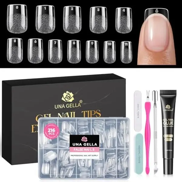UNA GELLA Gel Nail Kit: Short Square Soft Gel Nail Tips and Strong Nail Glue Air Dry 216Pcs Pre-etched Full Cover Press on Nails Semi Solid Nail Glue with Manicure Tools No U V Lamp Needed DIY Home