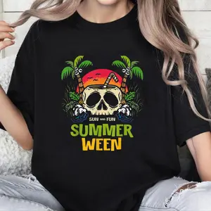 Summerween Vibes Skeleton Plam Trees Island Summer Halloween T-Shirt