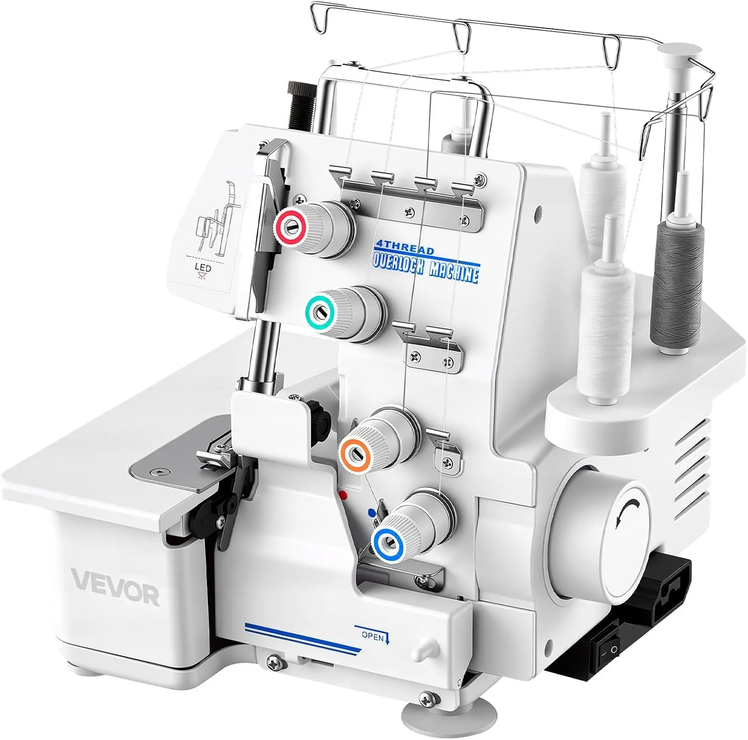 VEVOR Heavy-Duty Metal Frame Serger Overlock Sewing Machine, 1250 Stitches Per Minute, 3-4 Thread Capability, LED Light, Strong Suction Feet, White Machine for Various Fabrics
