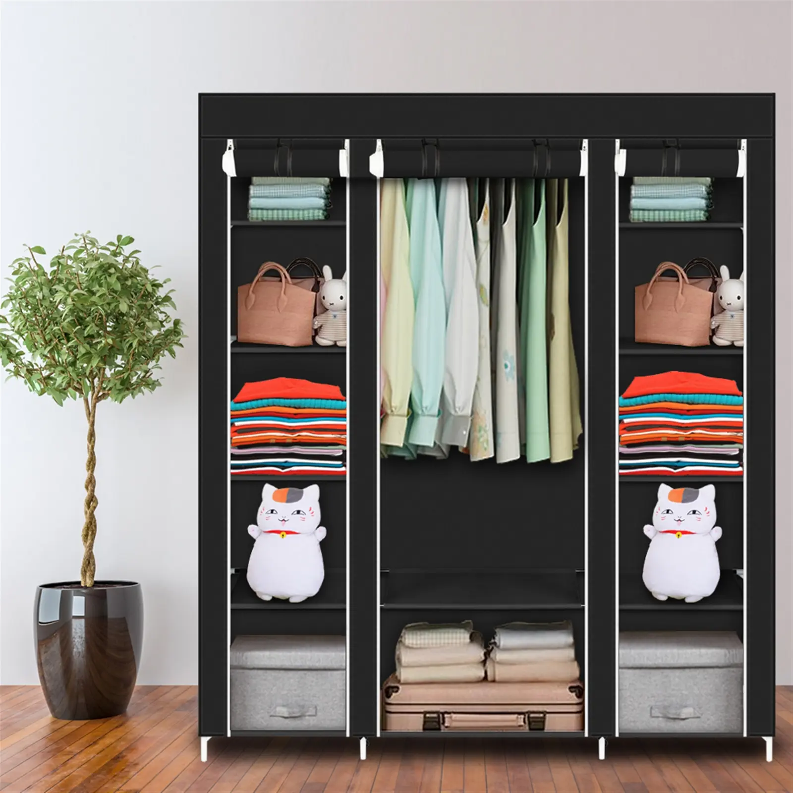69-in Non-Woven Fabric Space Saving Wardrobe Storage Unit, Sturdy Dustproof Easy-Setup Clothes Closet Armoire for Small Home Closet Organization & Organizer Storage (Black)
