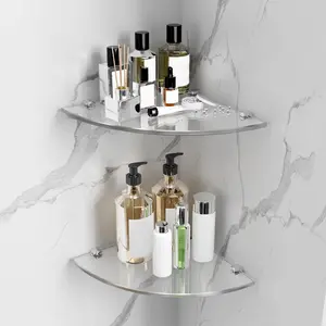 Stainless-No-Drill Clear Glass Corner Shelf for Bathroom - Tempered Glass with Rail, Modern Design, Stainless Steel Wall Mounted Shower Shelf Aluminium Smooth