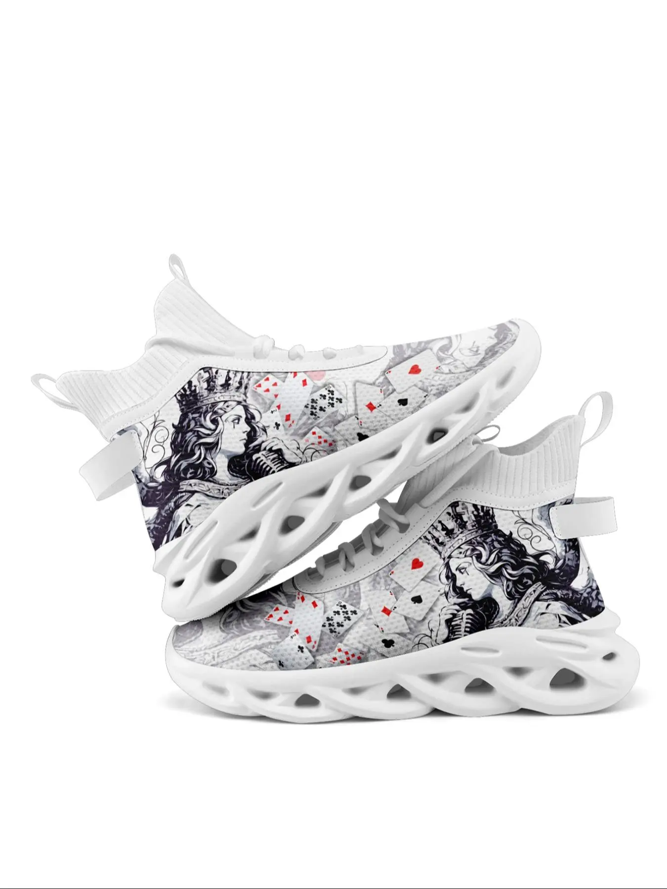 Men's Poker Card/Skull & Floral Pattern Reflective Design Sneakers, Casual Breathable Comfortable Lightweight Sports Shoes, Shock Absorbing High Top Lace Up Running Shoes
