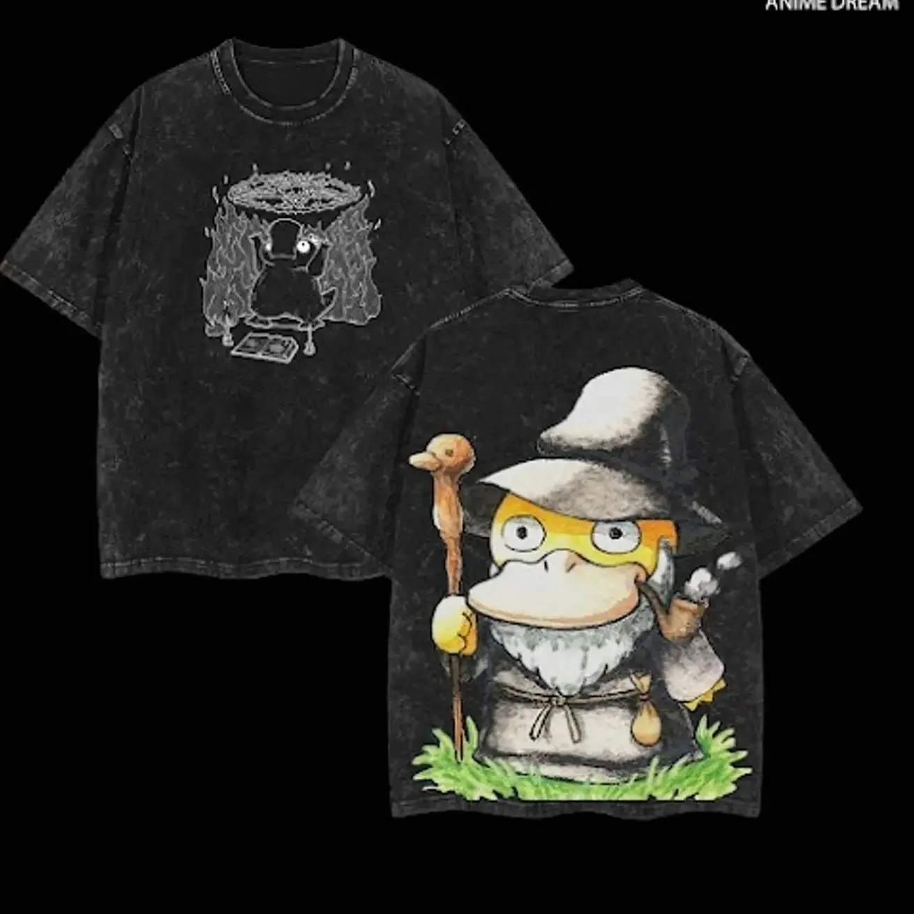 Psyduck PKM Anime Double Printed Vintage Washed Tee Unisex Oversize Anime Manga Washed Heavyweight Cotton T-shirt, Gift For Anime Fan, Anime Lover 4D9