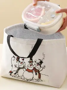 Snowman Pattern Lunch Bag, Portable Handbag for Women, Casual Large Capacity Picnic Food Drink Bag, Christmas Print Design